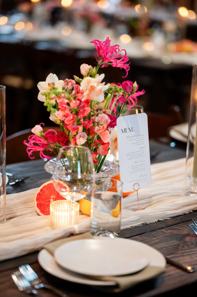 flowers on table with menu